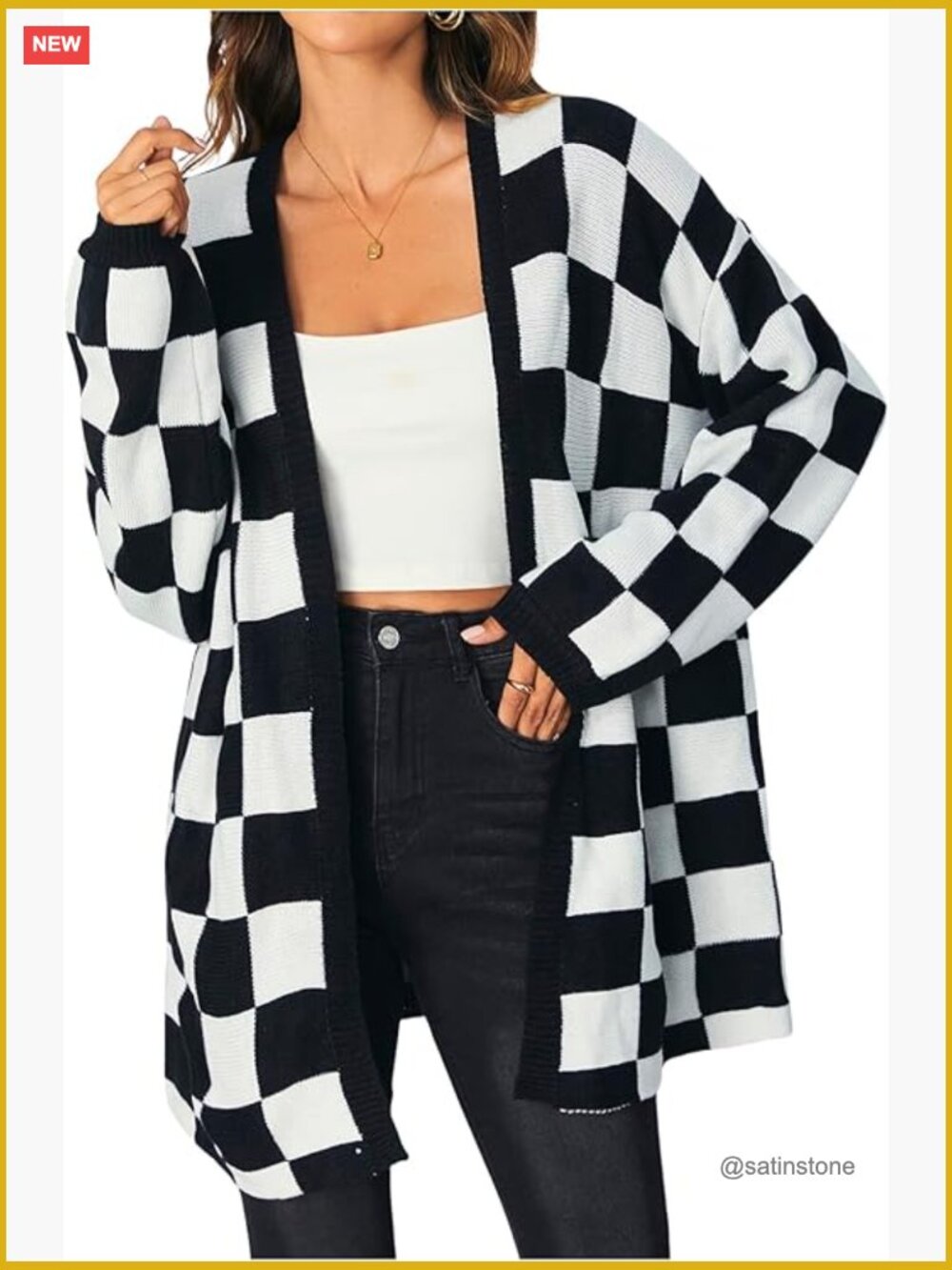 Long Sleeve Oversized Checkered Cardigan Open Front Sweater